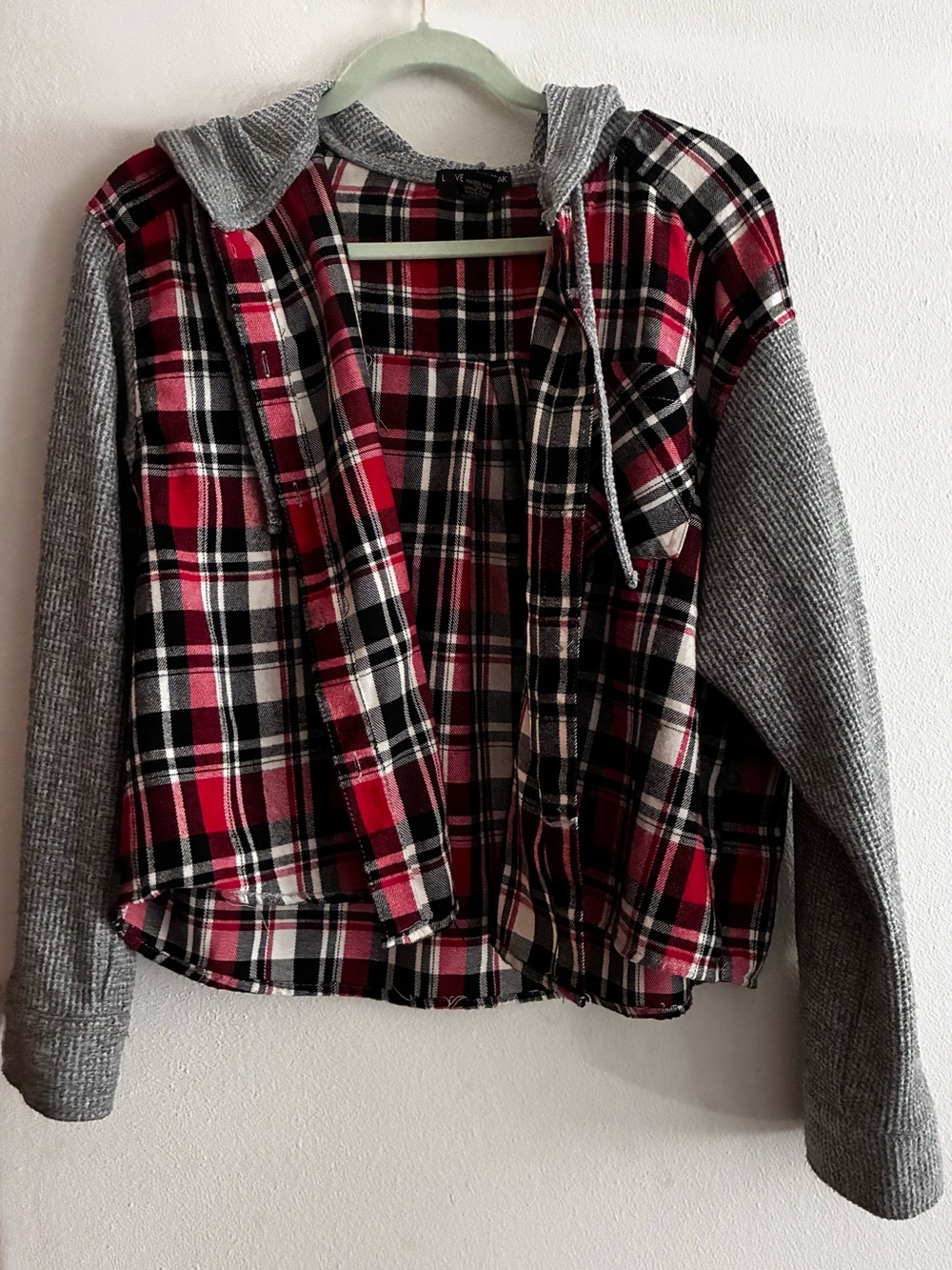 Kids Hooded Plaid Jean Jacket with Gray Knit Sleeves - Red/Gray